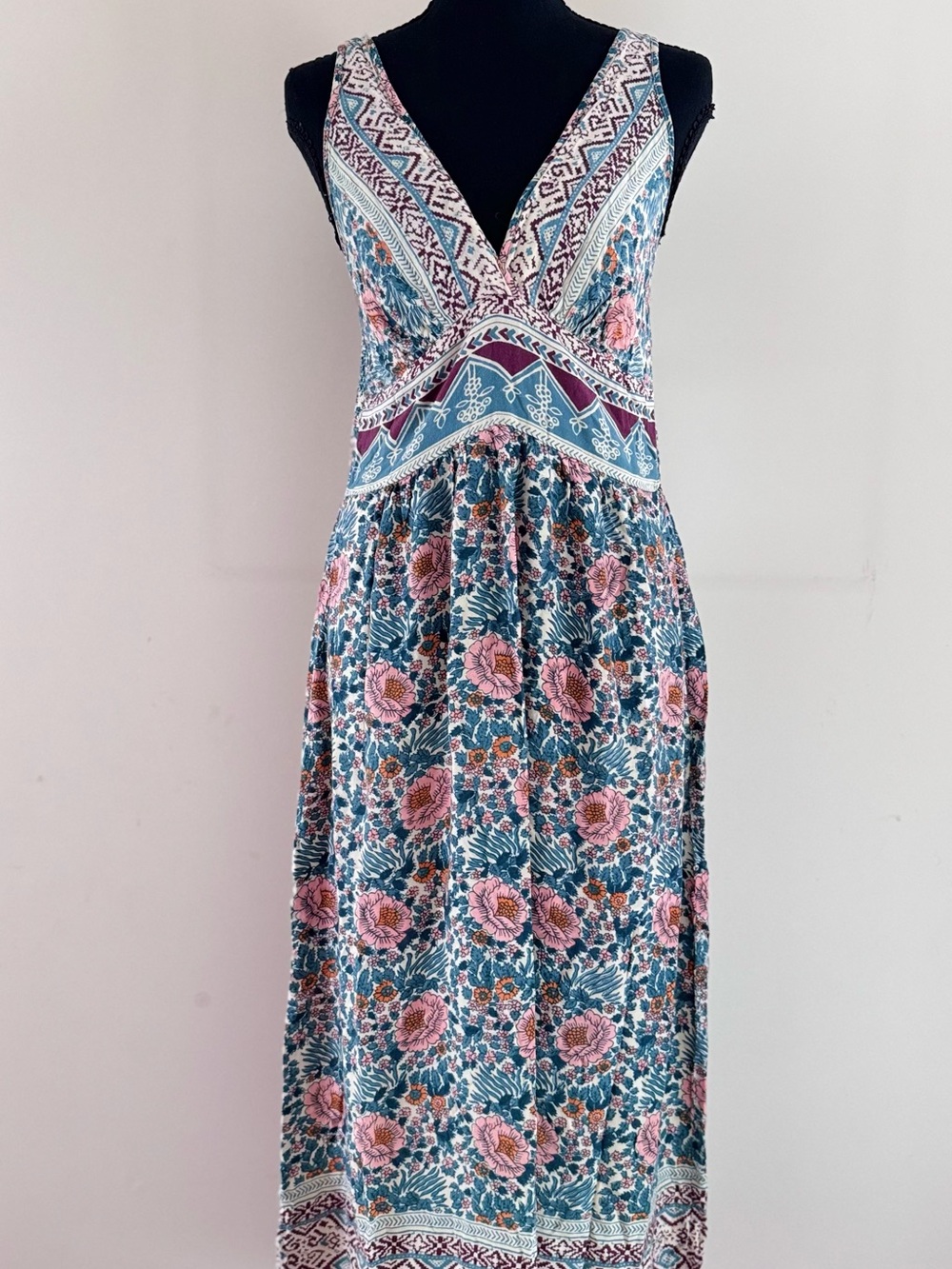 Angie Teal and Pink Floral V-Neck Maxi Dress